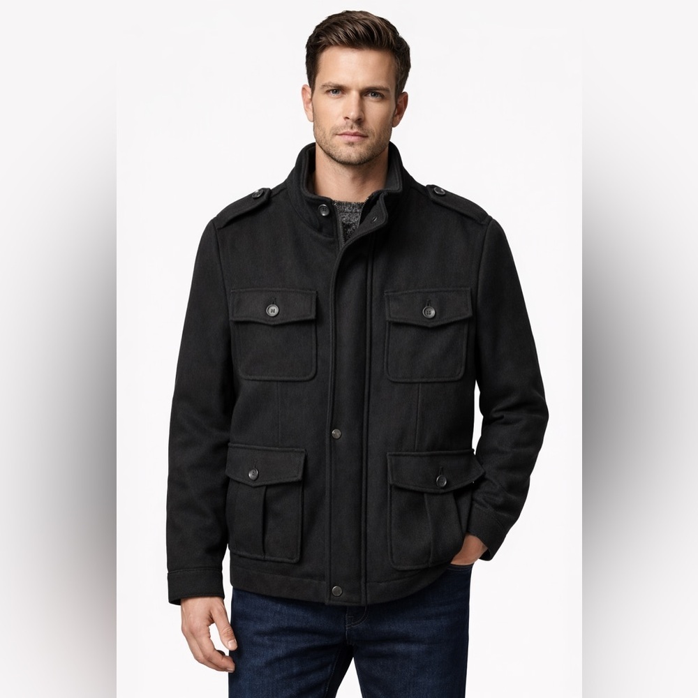 Merona Black Military Utility Jacket – Button Pocket Wool Blend